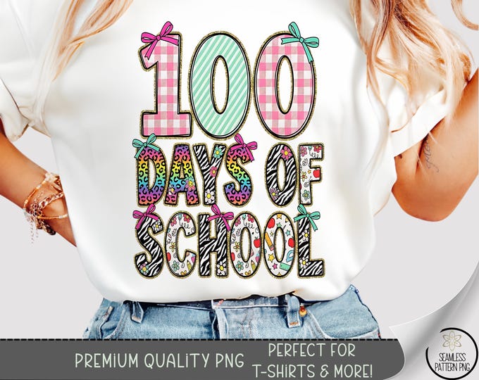100 Days Of School T-Shirt PNG, Colorful Celebratory Typography, Festive DTF Design, Vintage Coquette Bow, B929