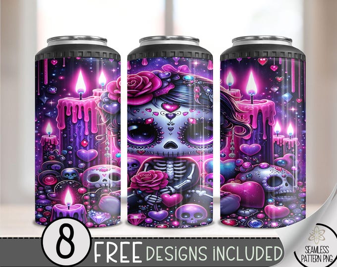 Voodoo Doll 4 in 1 Can Cooler Wrap, Cute Skeleton 4in1 Tumbler PNG, Seamless Goth Rag Doll 16 Oz Can Cooler Sublimation Design, Anti Vday