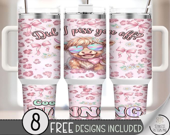 Highland Cow 40 oz Tumbler Wrap, Sassy Cow Sublimation Design, Playful PNG Files, Pink Tumbler Design, Digital Download, B10183