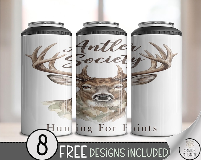 Hunting For Points: Deer Antlers 4-In-1 Can Cooler Wrap, Rustic Hunting Lodge Design, PNG, B913