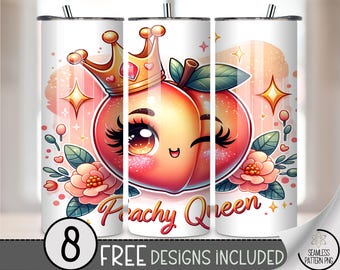 Peachy Queen 20 oz Tumbler Wrap PNG, Kawaii Peach with Crown, Girly Cute Fruit Sublimation Design, Sparkly Pink Peach PNG, A383