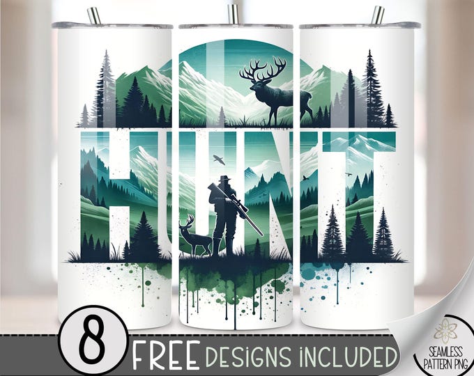 Deer Hunting Tumbler Wrap, Hunting 20oz Skinny Tumbler Sublimation Design, Moose Tumbler Wrap File, Mountain Range PNG, Seamless Forest File