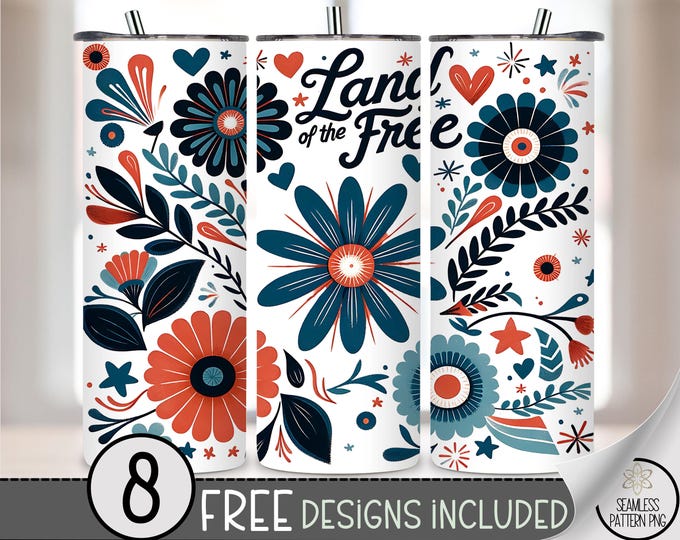 Land of the Free Tumbler Wrap PNG, Red White & Blue Floral 20oz Skinny Cup Design, Patriotic USA Sublimation Wrap for 4th of July File A239