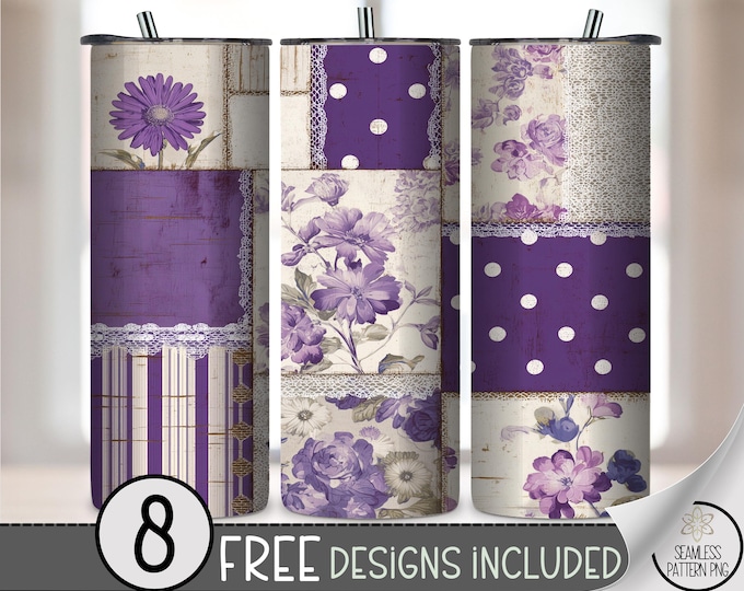 Purple Floral Patchwork 20 oz Tumbler Wrap, Sublimation Design, Romantic PNG Files, Digital Download, B10497