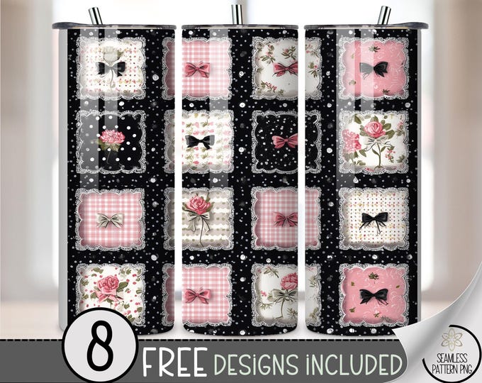 Faux Patchwork 20 oz Tumbler Wrap, Floral Coquette Sublimation Design for Straight Tumblers, Romantic Cottagecore PNG Files, B10018