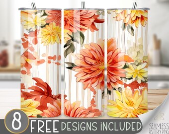 Fall Floral Tumbler Wrap, Autumn Dahlia Seamless Design, Autumn Flower Sublimation Tumbler Design PNG, Chrysanthemum 20 OZ Skinny Wrap PNG