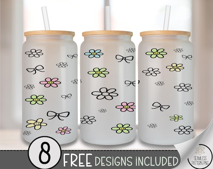 Simple Floral Glass Can Wrap, Modern 16oz Glass Tumbler Sublimation Design, Seamless Bows and Daisies Pattern PNG File A494