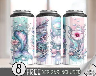 Mermaid 4 in 1 Can Cooler Wrap, Mermaid Theme 4in1 Tumbler PNG, Magical Mermaid 16 Oz Can Cooler Sublimation Design, Ocean Floral PNG, A50