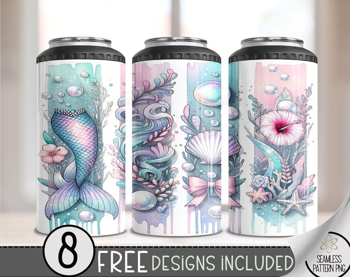 Mermaid 4 in 1 Can Cooler Wrap, Mermaid Theme 4in1 Tumbler PNG, Magical Mermaid 16 Oz Can Cooler Sublimation Design, Ocean Floral PNG, A50