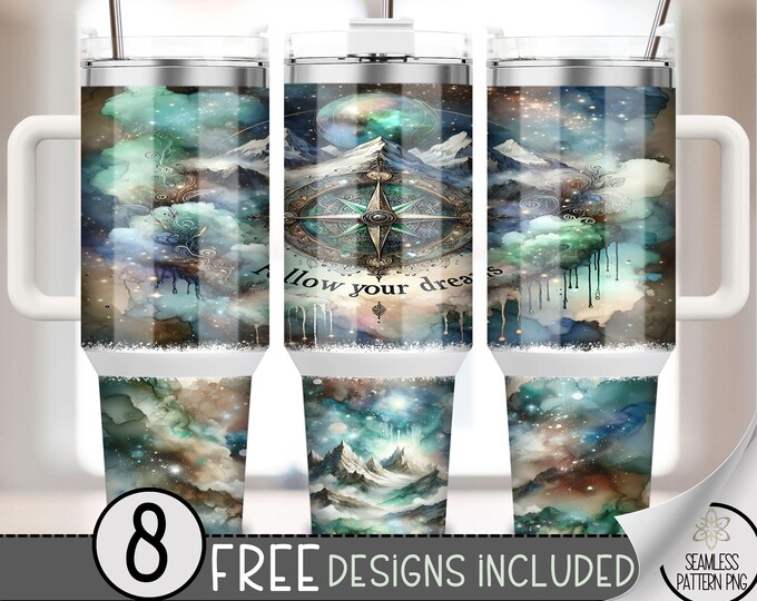 Compass with Mountains Range 40oz Tumbler Wrap,Adventure Follow Your Dream Tumbler Sublimation File,Travel Wanderlust 40oz Quencher PNG, A27