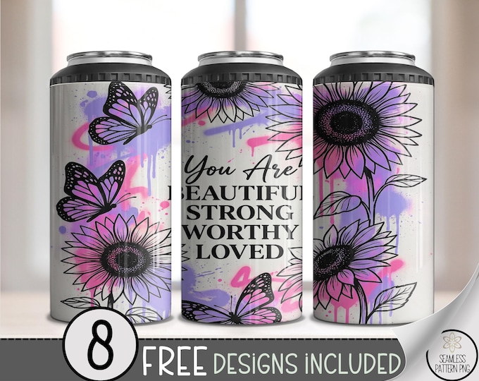 Affirmation 4in1 Can Cooler Wrap, Inspirational Sublimation Design, Modern Boho 16 oz 4-in-1 File, Sunflower Butterfly Theme B10150