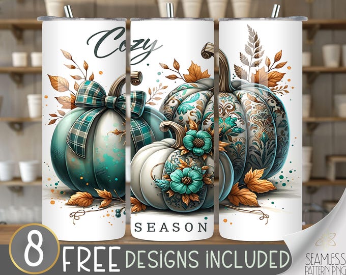 Cozy season tumbler wrap, cute pumpkin tumbler wrap, autumn pumpkin 20 oz tumbler design, coquette tumbler PNG, girly fall tumbler file