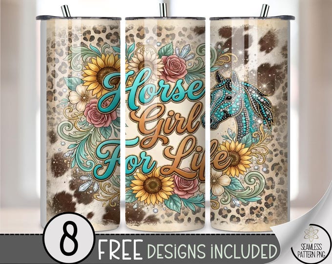Horse Girl For Life 20 oz Tumbler Wrap, Boho-Western Sublimation Design for Straight Tumblers, Rustic-Cute PNG Files Digital B10074