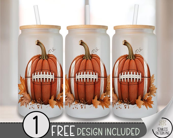 Football Pumpkin Glass Can Wrap, 16oz Fall Tumbler Sublimation Design PNG, Digital Download, B10444