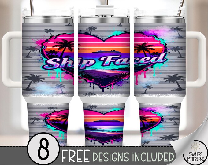 Neon Heart 40 oz Tumbler Wrap, Tropical Sunset Sublimation Design, Cruise PNG Files, Retro 40oz Tumbler Design, Vibrant Tumbler PNG B10043