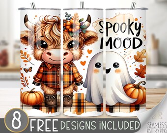 Fall Highland Cow Tumbler Wrap, Ghost Autumn Leaves Tumbler Design, Plaid 20Oz Skinny Tumbler Design, Autumn Pumpkin Wrap, Cow 20 Oz Tumbler