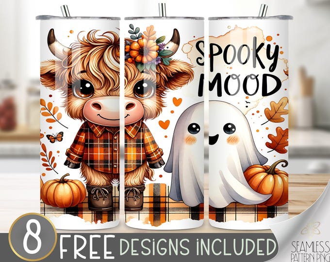 Fall Highland Cow Tumbler Wrap, Ghost Autumn Leaves Tumbler Design, Plaid 20Oz Skinny Tumbler Design, Autumn Pumpkin Wrap, Cow 20 Oz Tumbler