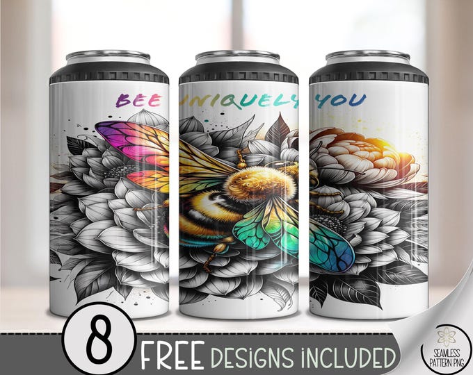 Positive Affirmation 4in1 Can Cooler Wrap, Bold Floral Sublimation Design, Bright Vibrant Bee Positive Affirmation, Bee Uniquely You, A596