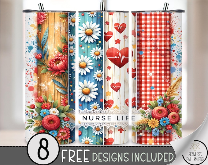 Nurse Life 20 oz PNG, Daisy Sublimation Tumbler Wrap, Digital Download, 20oz Skinny Nurse Design, Seamless Nurse Sublimation Wrap A208