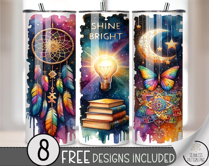 Shine Bright Autism Awareness 20 oz Tumbler Wrap PNG, Dreamcatcher Moon Books Butterfly Puzzle Design, Sublimation Rainbow Wrap, A328