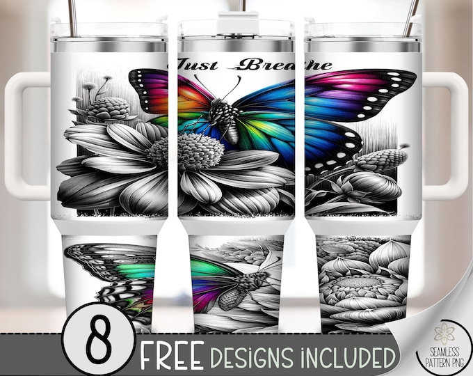 Colorful Butterfly and Flower 40 oz Tumbler Wrap, Vibrant 40oz Sublimation Design, Inspirational Just Breathe Print, Digital Download A470