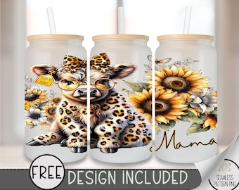 Highland Cow Glass Wrap, Western Mama 16 Oz Glass Can Wrap PNG, Coquette Bow Cow Glass Can Sublimation Wrap Design, Cute Leopard Cow, A148