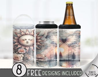 Sun & Moon Can Cooler Wrap, Ethereal 16 oz 4-in-1 Cooler Sublimation, Boho Butterfly Floral Design, Celestial Can Wrap, Pastel Nature Wrap