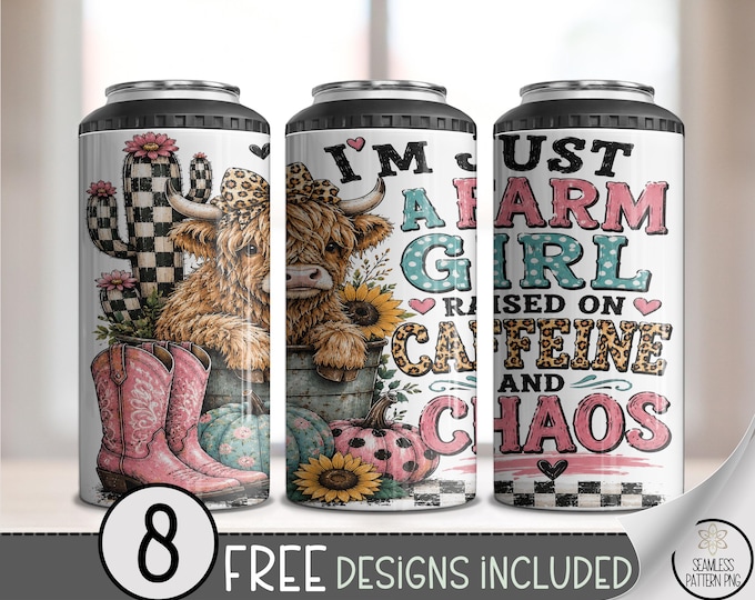 Farm Girl 4-in-1 Can Cooler Wrap, Highland Cow Sublimation Design, Digital Download, B10345
