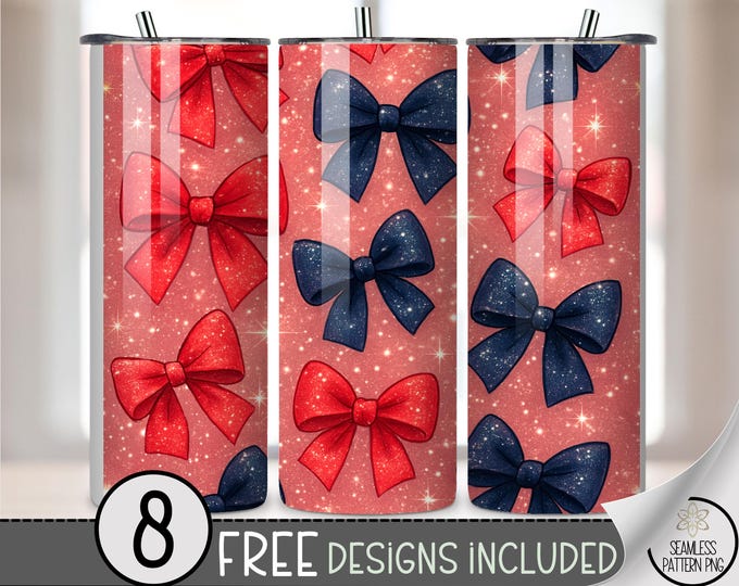 Holiday Red and Navy Ribbon Bows 20 oz Tumbler Wrap, Festive Sublimation Design for Straight Tumblers, Glam PNG File, B10092