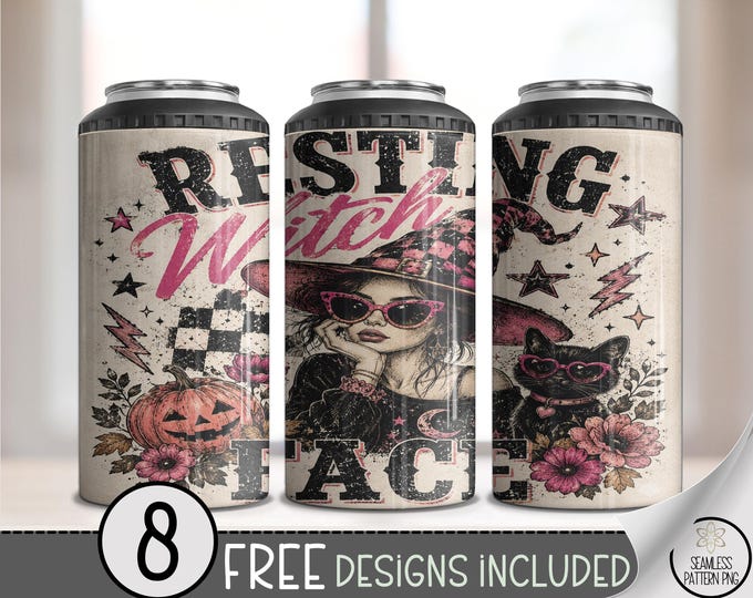 Funny Halloween 4-in-1 Can Cooler Wrap, Resting Witch Face Sublimation Design, Digital Download, B10335