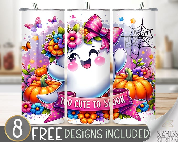 Too Cute To Spook Tumbler Wrap, Halloween Ghost Pumpkin Sublimation, Cute 20oz Skinny Tumbler Design PNG, Cute Halloween Sublimation Wrap
