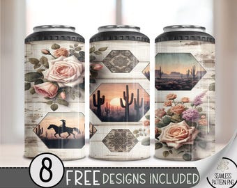 Country Western 4 in 1 Can Cooler Wrap,Western Rose 4in1 Tumbler PNG,Floral Cactus 16 Oz Can Cooler Sublimation Design,Seamless Country PNG