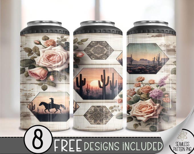 Country Western 4 in 1 Can Cooler Wrap,Western Rose 4in1 Tumbler PNG,Floral Cactus 16 Oz Can Cooler Sublimation Design,Seamless Country PNG