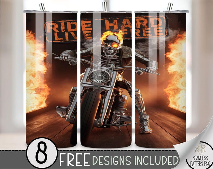 Biker Tumbler Wrap, Seamless Motorcycle Wrap Tumbler, 20oz Skeleton Tumbler Wrap,Chrome Straight Tumbler Wrap,Motorcycle Sublimation Tumbler
