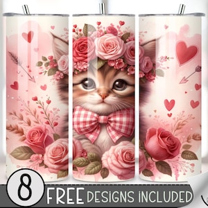 Valentine Kitten Tumbler Wrap, nahtlose Katze Sublimationsdesign PNG, Katzenliebhaber Tumbler Design, Valentinstag Katze Kätzchen Sublimation 20Oz Skinny
