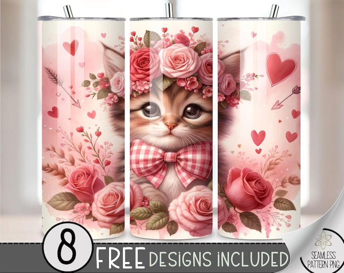 Valentine Kitten Tumbler Wrap,Seamless Cat Sublimation Design PNG,Cat Lover Tumbler Design,Valentines Day Cat Kitten Sublimation 20Oz Skinny