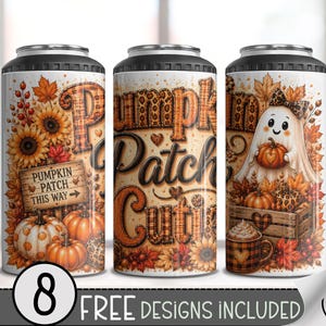 May include: Three cylindrical tumblers featuring a fall-themed design with sunflowers, orange pumpkins, autumn leaves, and a ghost wearing a leopard print bow. The text reads Pumpkin Patch Cuties and a wooden sign says PUMPKIN PATCH THIS WAY.
