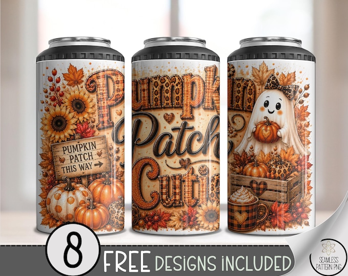 Halloween Pumpkin Patch Cute Ghost 4-in-1 Can Cooler Wrap Sublimation Design, Digital Download, B10348