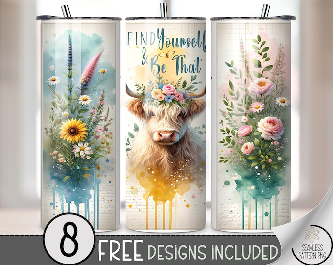 Find Yourself & Be That Highland Cow 20 oz Tumbler Wrap PNG, Floral Boho Cow Sublimation, Watercolor Wildflower Drip Design, A351