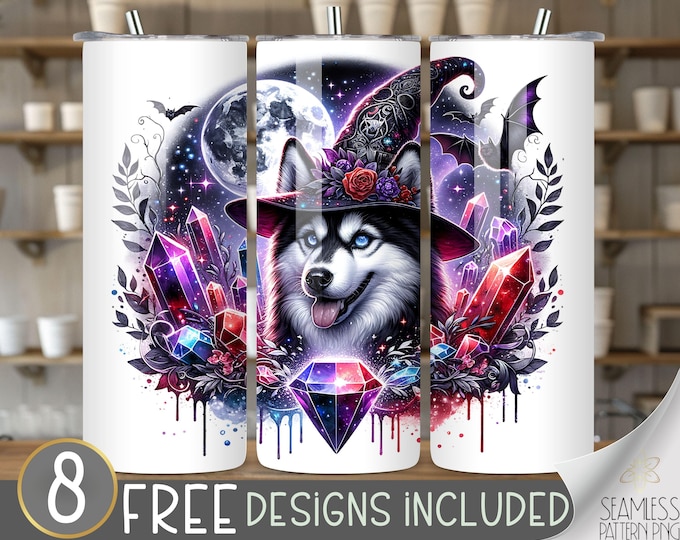 Cute Halloween Husky 20 oz Tumbler Wrap, Cute Dog 20oz Skinny Tumbler Design, Whimsical Jeweled Husky & Crystal Halloween Instant Download