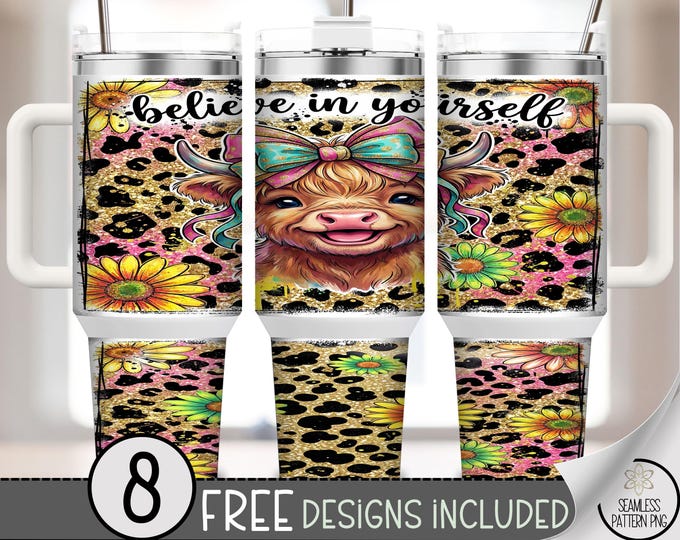 Happy Highland Cow PNG, Inspirational 40 Oz Tumbler Wrap, Cute Motivating Sublimation Design with Sunflowers, B888