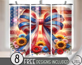 Patriotic Floral Bow Tumbler Wrap PNG, 20 oz USA Flag Glitter Wrap with Sunflowers & Fireworks for Sublimation Craft, Coquette Bow PNG A280