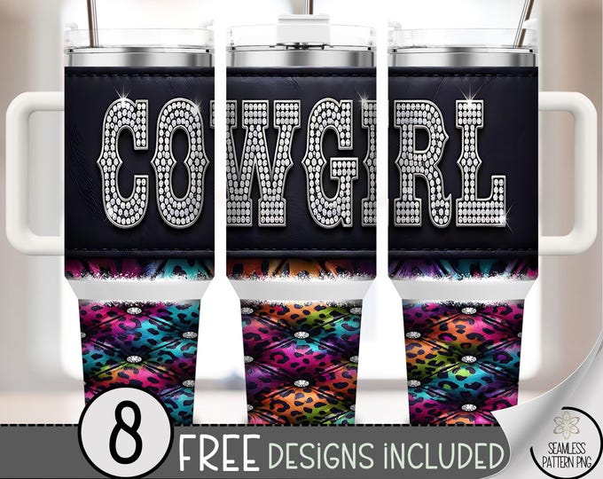 Cowgirl PNG, Glam Western 40 Oz Tumbler Wrap, Chic Rhinestone Bling Sublimation Design, B978
