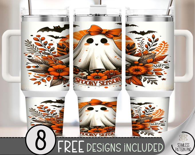 Spooky Ghost 40oz Tumbler Wrap, Rustic Autumn Flowers Wrap, Retro Fall Leaves 40 oz Tumbler Wrap, Printable Wrap for Halloween, A448