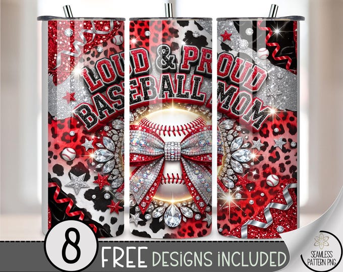 Loud & Proud Baseball Mom 20 oz Tumbler Wrap, Glittery Coquette Bow Sublimation Design for Straight Tumblers, Digital Download B10132