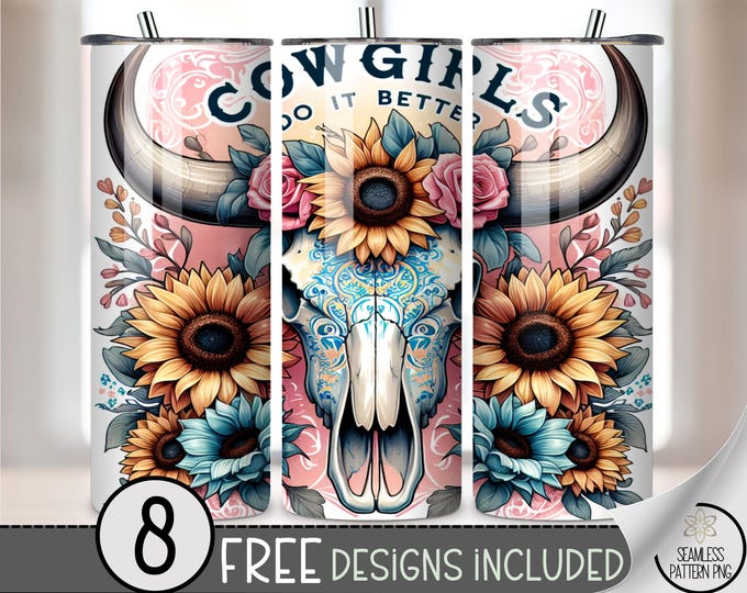 Rustic Cowgirl Skull Floral 20 oz Tumbler Design, Western Sunflower Bull Skull 200oz Tumbler Wrap, Boho Chic Cowgirl Sublimation Design A451