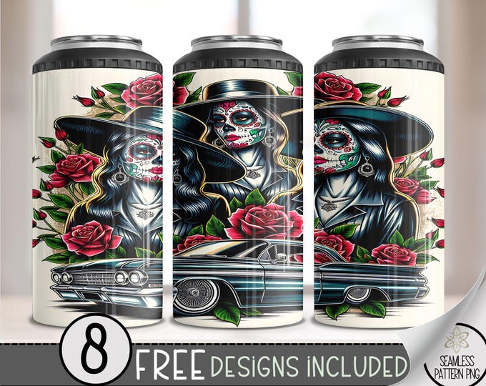 Cholo LA Chicano Girl 4in1 Can Cooler Wrap, Floral 4 in 1 Tumbler PNG, LA Sugar Skull 16 Oz Can Cooler Sublimation Design, Lowrider Lady Png