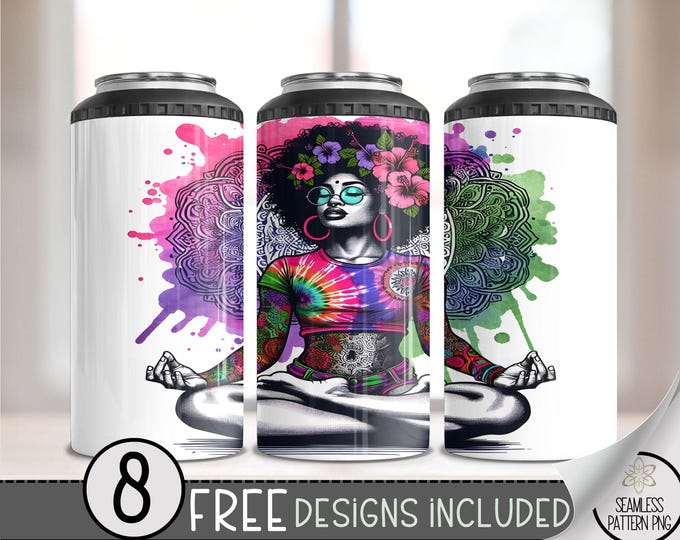 Meditation 4 in 1 Can Cooler Wrap, Spiritual Yoga Sublimation Design, Black Woman 4in1 Tumbler PNG,Tie-Dye Girl 16 oz Can Cooler Wrap, A113