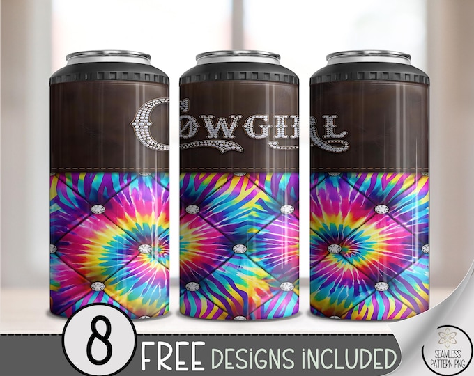 Cowgirl PNG 4-in-1 Can Cooler Wrap, Rhinestone & Rainbow Tie-Dye Sublimation Design, Digital Download, B987