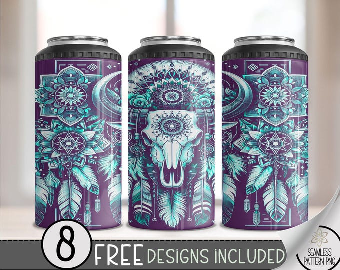 Boho Cow Skull 4 in 1 Can Cooler Wrap,Bull Skull 4in1 Tumbler PNG,Western Dreamcatcher 16 Oz Can Cooler Sublimation Design,Southwestern Bull